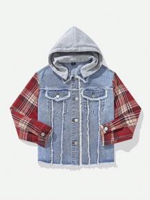 Tween Boys Casual Patchwork Plaid Washed Denim Jacket - Medium Wash - View 3