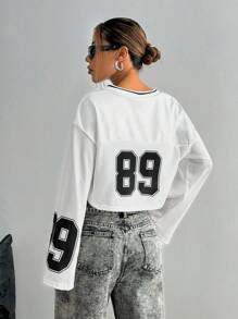 StreetHx Casual Number & Star Print Mesh Contrast Long Sleeve T-Shirt - White - View 2
