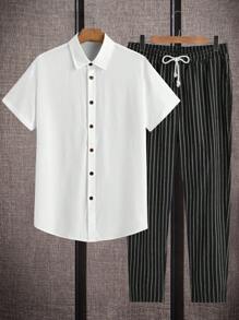 Manfinity VCAY 2pcs Men's Fitted Casual Striped Color Block Short Sleeve Shirt Set, Summer - White - View 1