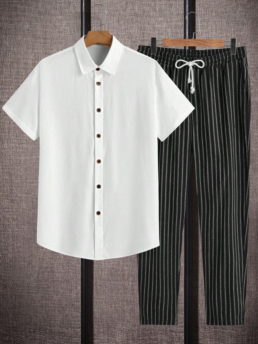 Manfinity VCAY 2pcs Men's Fitted Casual Striped Color Block Short Sleeve Shirt Set, Summer - White - View 1