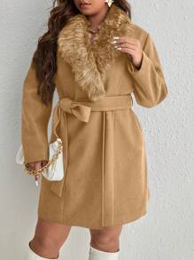 SHEIN Clasi 大码优雅休闲毛领夹克，秋冬款 - 卡其色 - 查看 1