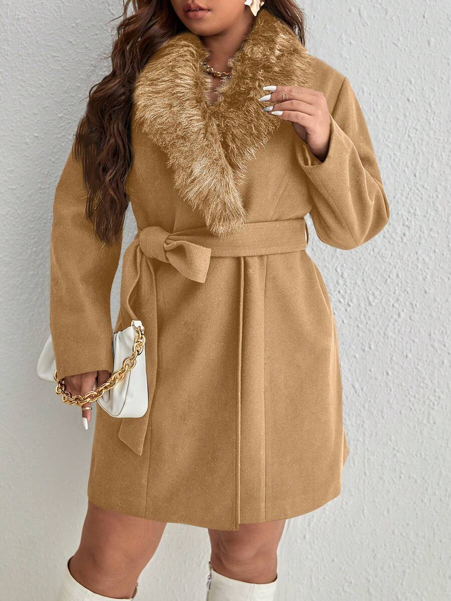 SHEIN Clasi 大码优雅休闲毛领夹克，秋冬款 - 卡其色 - 查看 1