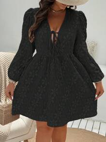 Flirla 大码纯色前系带长袖休闲迷你连衣裙 - 黑色 - 查看 4