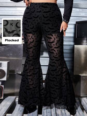 Goth Plus Size Summer Velvet Flared Pants With Moon & Bat Print For Gothic Style