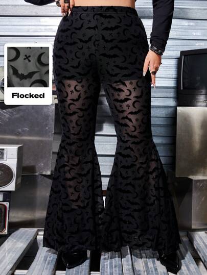 Plus Size Summer Velvet Flared Pants With Moon & Bat Print For Gothic Style