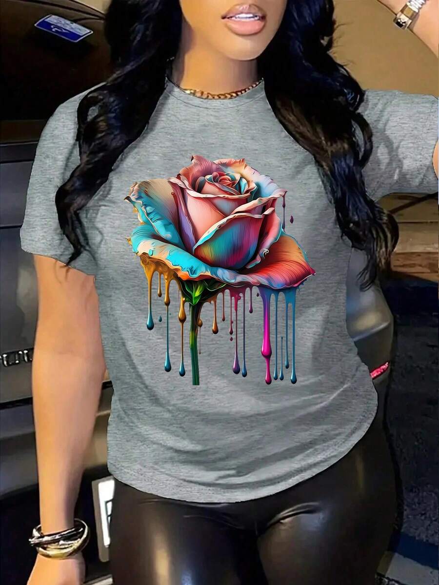 Camiseta casual versátil de mujer con cuello redondo y manga corta con estampado floral - Gris - Ver 1