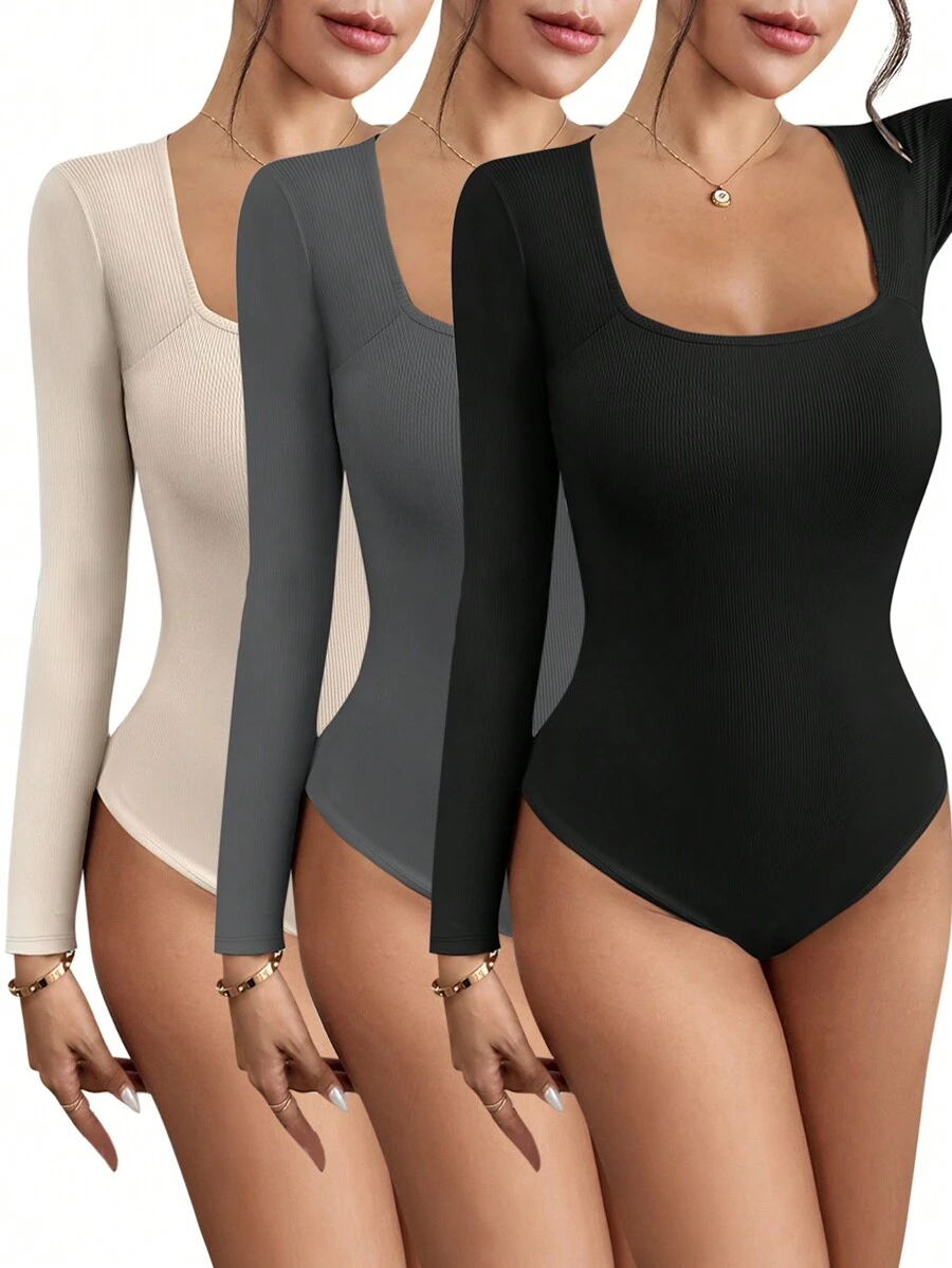 SHEIN ChicEase Women's Crew Neck Multi-Color Bodysuit, Long Sleeve, Elastic, Wear As Layering Or Standalone, For Summer & Autumn - Multicolor - View 1