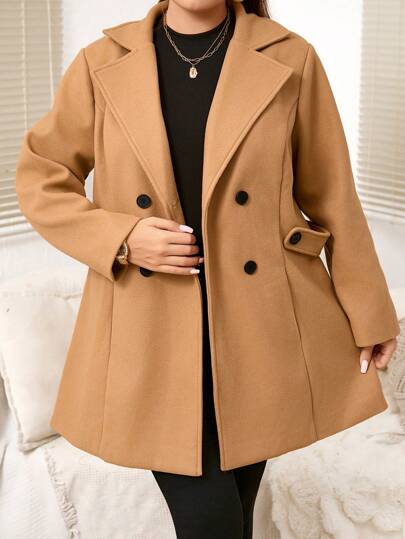 SHEIN LUNE Abrigo de doble botonadura con solapa, de unicolor, para otoño/invierno, de tallas grandes