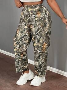 Slaydiva Pantalones holgados de carga casuales con estampado de ramas para mujeres de talla grande