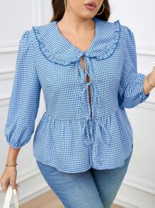 SHEIN Essnce Plus Size Women Plaid Ruffle Collar Button Front Blouse With Bow - Blue - View 9