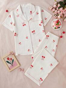 Bộ đồ ngủ tay ngắn in họa tiết quả anh đào Bubble Wrinkle - Nhiều màu - Xem 1