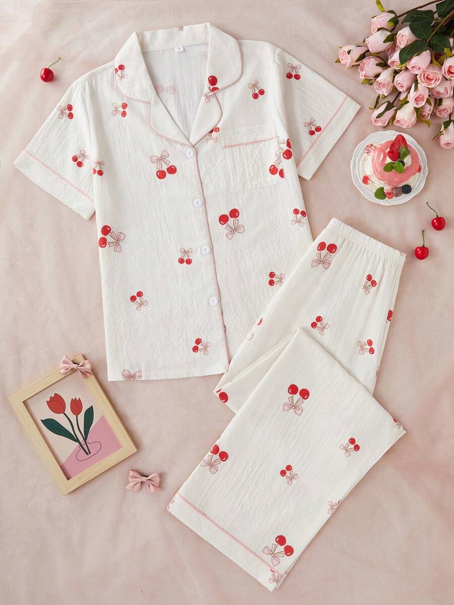 Bộ đồ ngủ tay ngắn in họa tiết quả anh đào Bubble Wrinkle - Nhiều màu - Xem 1