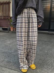 FRIFUL 女士抽绳腰格子阔腿宽松休闲裤 - 米色 - 查看 6