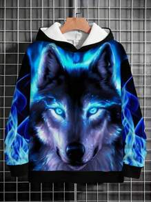 Tween Boy Cool Wolf Digital Printed Hooded Sweatshirt, Casual Street Style - Black - View 6