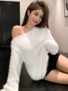 DAZY Women's Asymmetric Hem Fuzzy Knit Sweater With Shawl Collar, Thick And Warm For Autumn/Winter - White - View 2