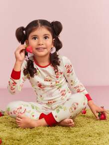 Strawberry Shortcake X SHEIN Conjunto de pijamas para meninas, 2 peças, estampa de desenho animado, camiseta casual e leggings, ajuste confortável, para o Natal