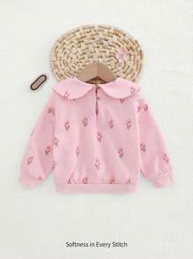 Cozy Pixies Baby Girl Tulip Graphic Decorated Big Bow Crew Neck Long Sleeve Sweatshirt