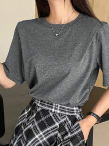 DAZY 女士纯色圆领短袖休闲 T 恤，夏季 - 深灰色 - 查看 5