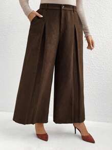 Calvaya Plus Size High Waist Wide Leg Solid Color Suit Pants Winter Fall Autumn - Chocolate Brown - View 3