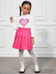 Marilyn Monroe X SHEIN Young Girl Glitter Heart Print Mock Neck Puff Sleeve Fitted White T-Shirt, Elegant Fashion Style