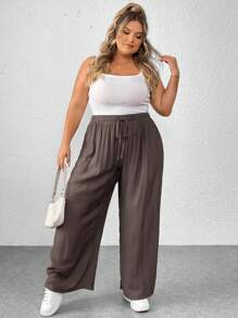 SHEIN CURVE+ Pantalones largos con cordón en la cintura de unicolor para mujer tallas grandes - Marrón - Ver 8