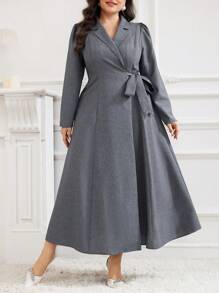 Modelyn Plus Size Women's Solid Color Lapel Neck Puff Sleeve Side Knot Maxi Elegant Cardigan, Spring/Autumn - Grey - View 3