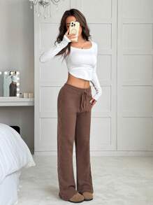 SHEIN EZwear Ladies Solid Color Waist Tie Chunky Knit Sweater And Wide Leg Pants Set In Fall/Winter - Brown - View 5