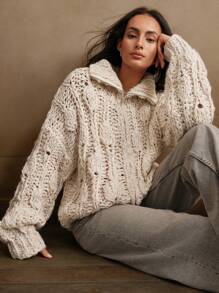 Anewsta Cárdigan con cierre de punto de cable cálido, chaqueta de suéter con elegante cuello vuelto, para otoño/invierno - Albaricoque - Ver 1