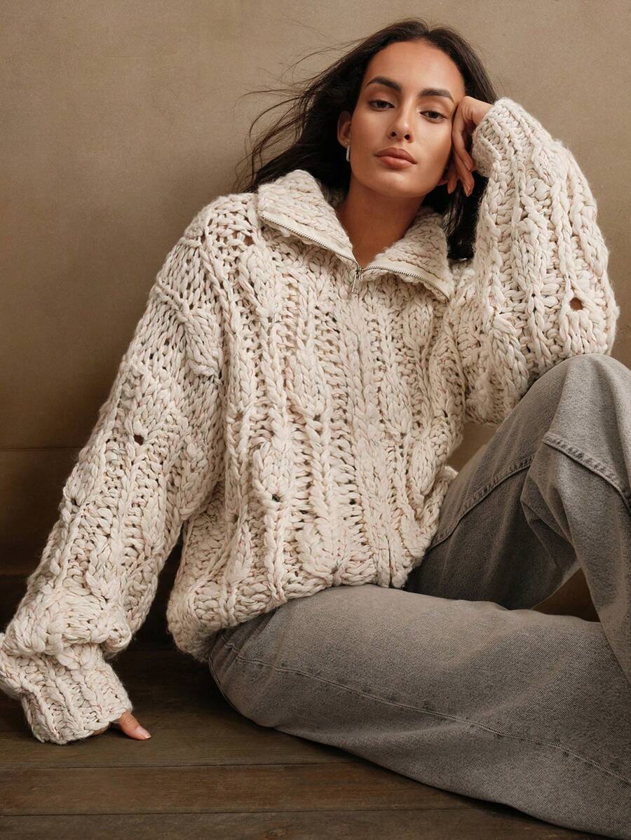 Anewsta Cárdigan con cierre de punto de cable cálido, chaqueta de suéter con elegante cuello vuelto, para otoño/invierno - Albaricoque - Ver 1