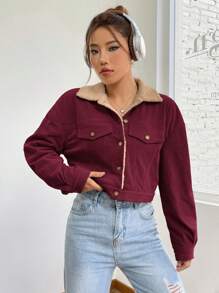 SHEIN EZwear 女士卡其色羊毛卡车司机前口袋厚翻盖细节保暖衬里落肩泰迪衬里冬季柔软灯芯绒短款夹克 - 酒紅色 - 查看 3