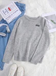 SHEIN 青少年女孩休闲圆领宽松超大补丁针织毛衣，百搭百搭上衣 - 灰色 - 查看 3
