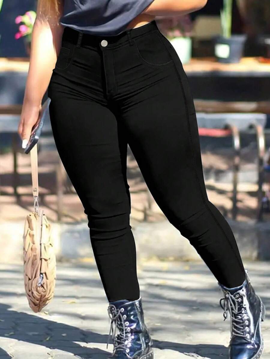SHEIN CURVE+ Plus Size Stretch Denim Fashion Personalized Jeans - Black - View 1