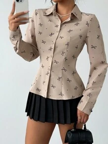 Gloray 波尔卡圆点蝴蝶结印花修身长袖衬衫女式衬衫，长袖上衣 - 卡其色 - 查看 1