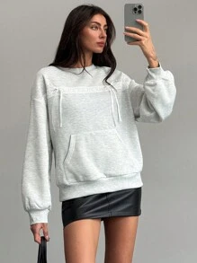 Aloruh Adorable Crew Neck Thermal Lined Bow Accent Pocket Women Sweatshirt - Light Grey - View 1