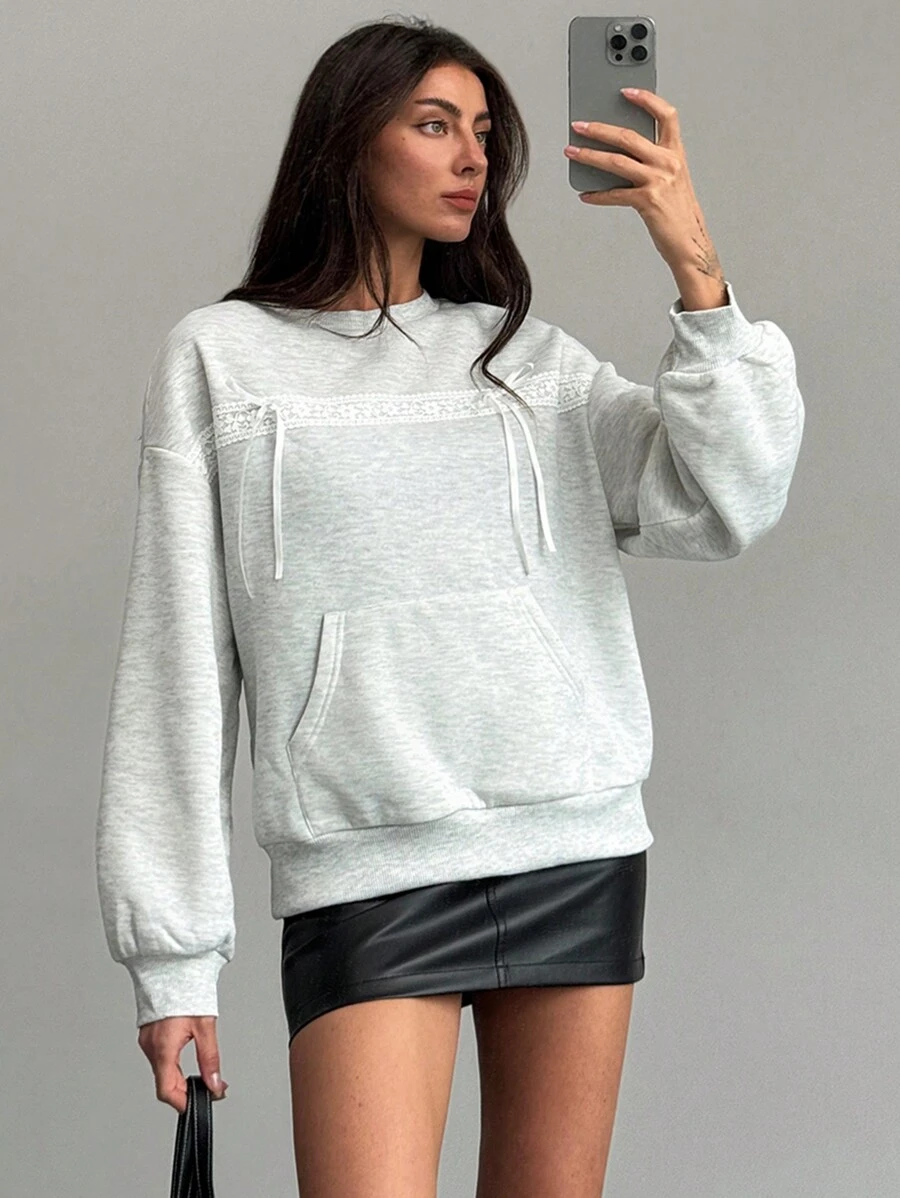 Aloruh Adorable Crew Neck Thermal Lined Bow Accent Pocket Women Sweatshirt - Light Grey - View 1