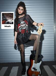 ROMWE Grunge Punk Áo lưới hở vai họa tiết đầu lâu và hoa, đi học - màu đen - Xem 1