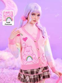 ROMWE X Care Bears 熊与心刺绣纽扣正面开衫，学校 - 彩色 - 查看 1