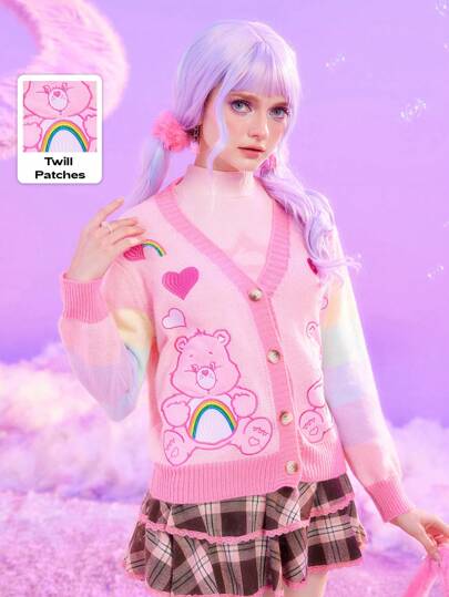 ROMWE X Care Bears Bear & Heart Embroidered Button Front Cardigan, School