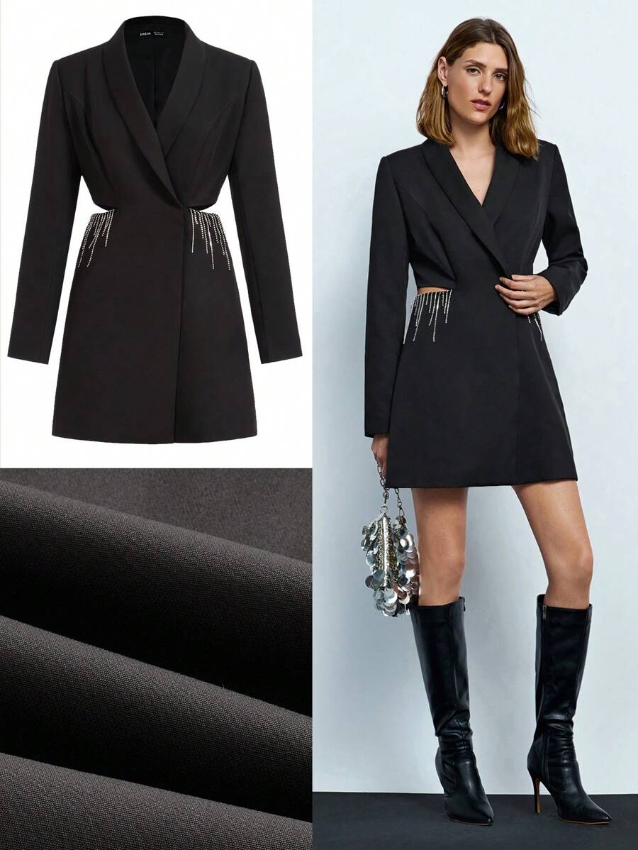 Maija 女士黑色镂空水晶流苏装饰短款西装外套，适合春夏、派对、节日、圣帕特里克节、复活节、春节以及秋冬穿着。