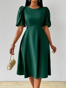 Lunelith SHEIN Lunessa 女士长款泡泡袖收腰绿色连衣裙春夏长款女装 - 墨綠色 - 查看 4