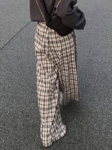 FRIFUL 女士抽绳腰格子阔腿宽松休闲裤 - 米色 - 查看 4