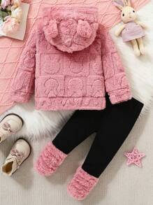 Bộ 2 món/bộ đồ liền thân in họa tiết thỏ 3D trang trí tai cho bé gái, quần áo mùa đông - Hồng - Xem 2