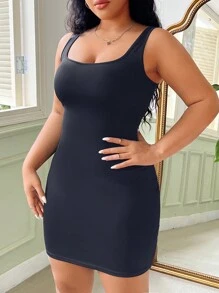 SHEIN EZwear 夏季大码纯色紧身无袖连衣裙