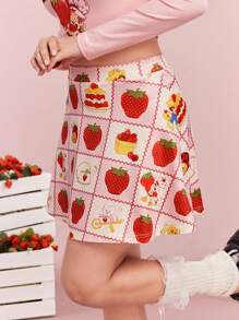 Strawberry Shortcake X SHEIN Summer Sweet And Cute Style Strawberry Pattern Pink Stretch Skirt