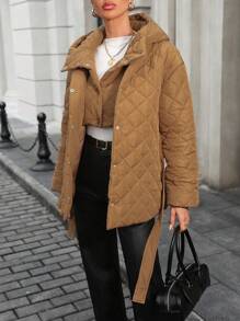 Chiquease Áo khoác đệm chần bông màu trơn cài nút phía trước, trang phục thu đông - màu nâu - Xem 6