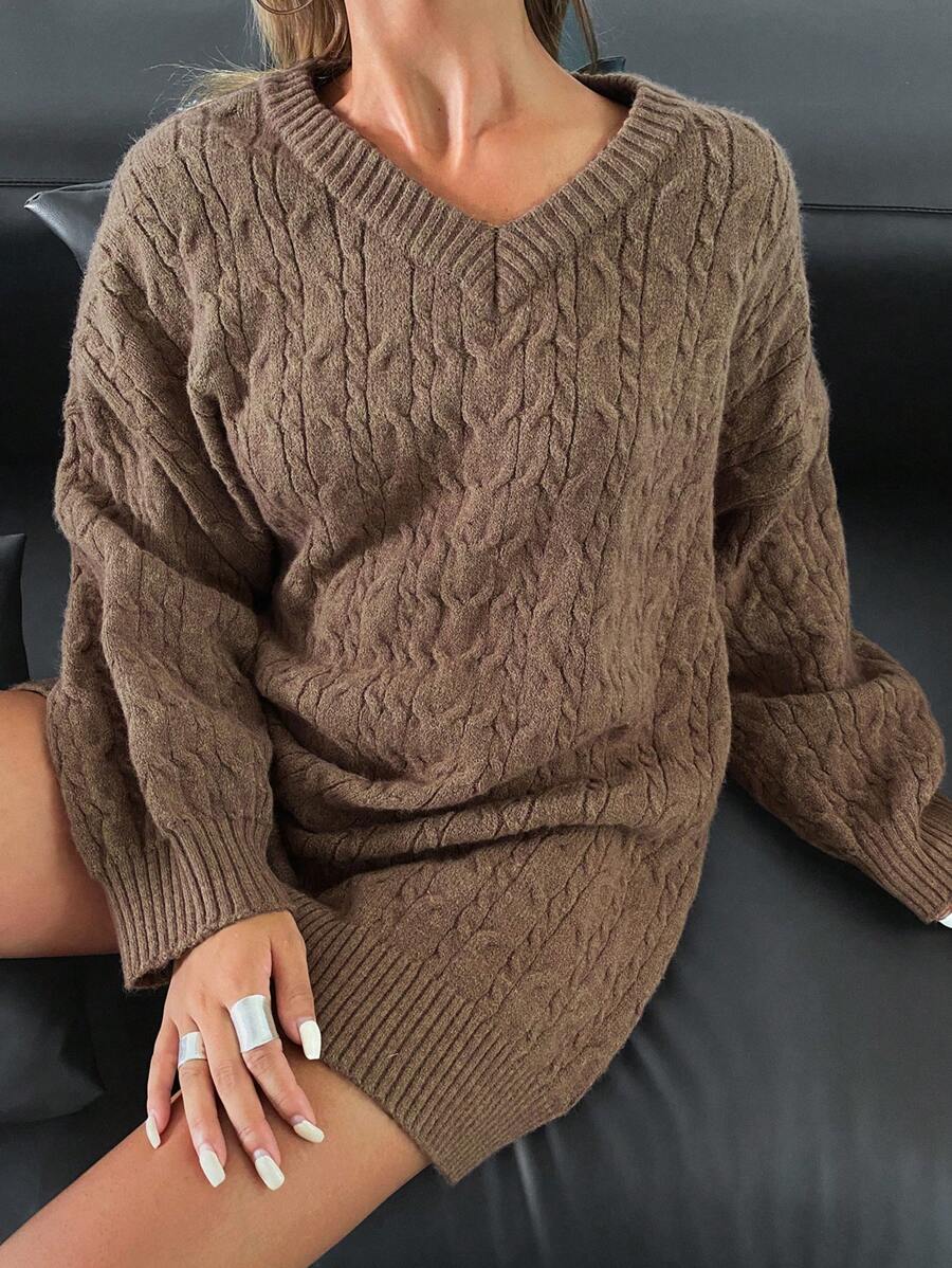 DAZY 女士纯色宽松V领长款麻花绳针织毛衣，秋季女装 - 咖啡棕 - 查看 1