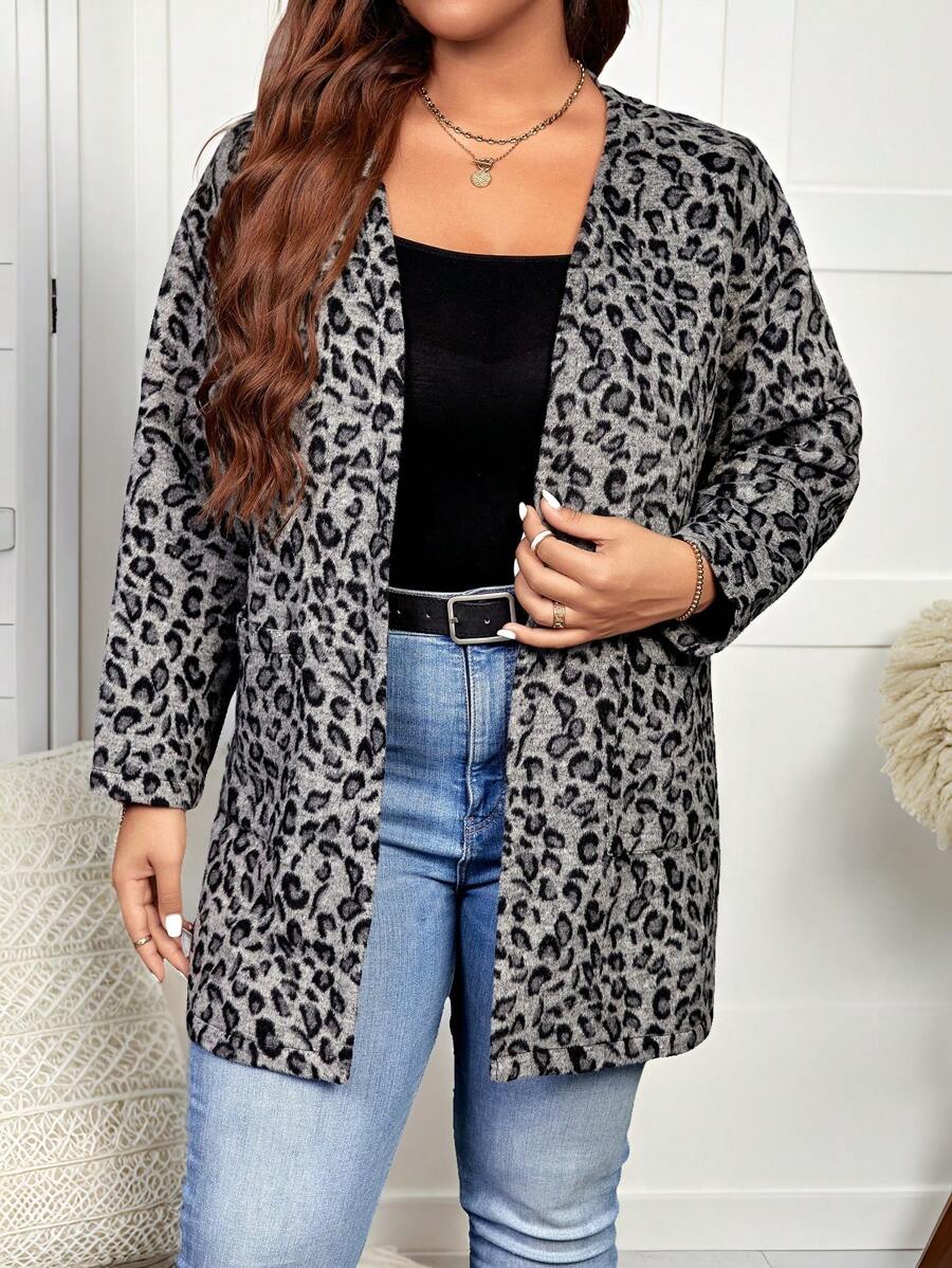 SHEIN LUNE Chaqueta de punto informal con estampado de leopardo para mujer de talla grande - Gris - Ver 1