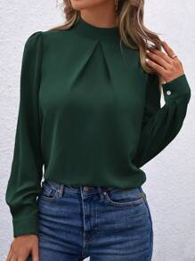 SHEIN LUNE Women's Solid Color Stand Collar Long Sleeve Elegant Blouse, Spring And Autumn,Long Sleeve Tops - Dark Green - View 3