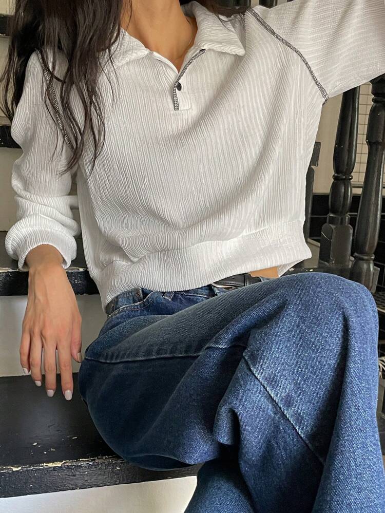 Women's Solid Color Polo Collar Long Sleeve Cropped Casual T-Shirt, Spring & Fall