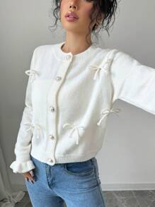 Chiquease Chaqueta de punto de manga larga con decoración de lazo, para otoño/invierno, tops de manga larga para mujer